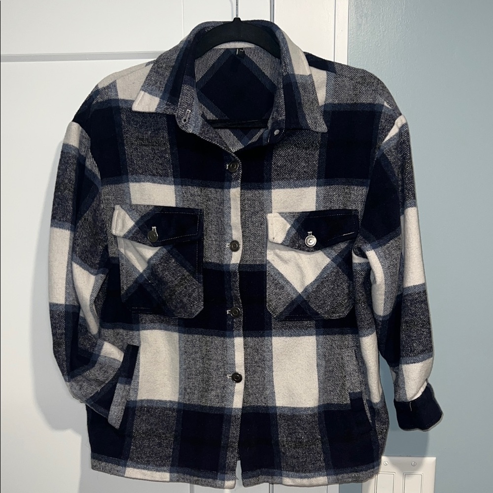 TIANFUEN Navy & White Plaid Shirt Jacket